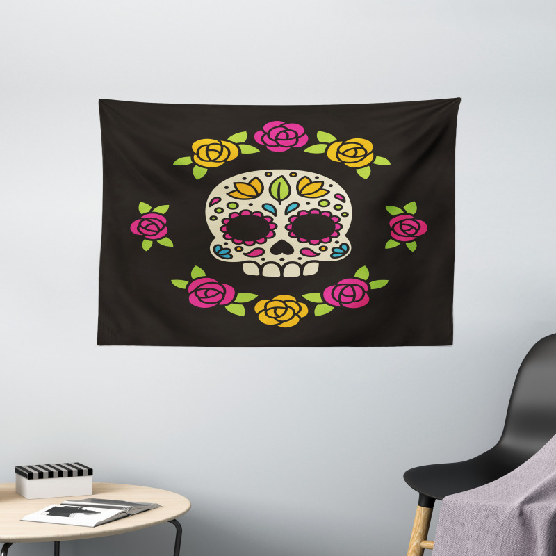 Floral Wreath Skull Wide Tapestry