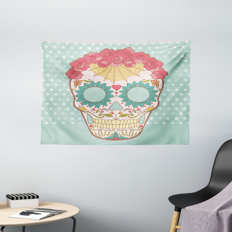 Floral Lady Skull Wide Tapestry