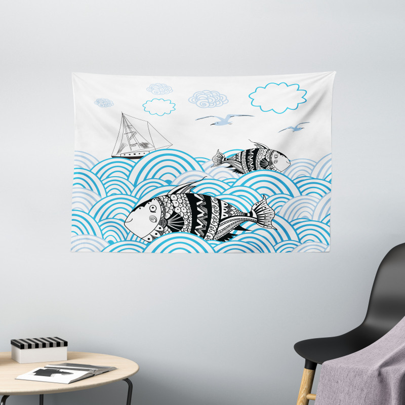 Sketch Boat and Animals Wide Tapestry