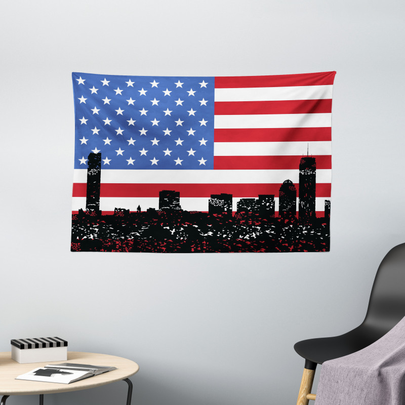 Skyline and US Flag Wide Tapestry