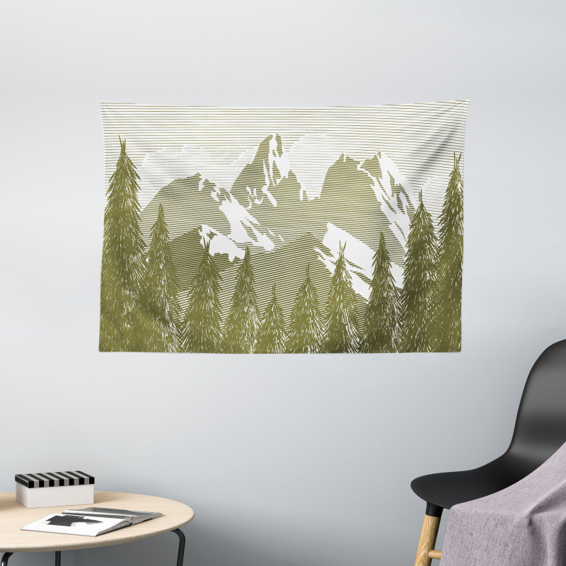Woodcut Style Mountain Land Wide Tapestry