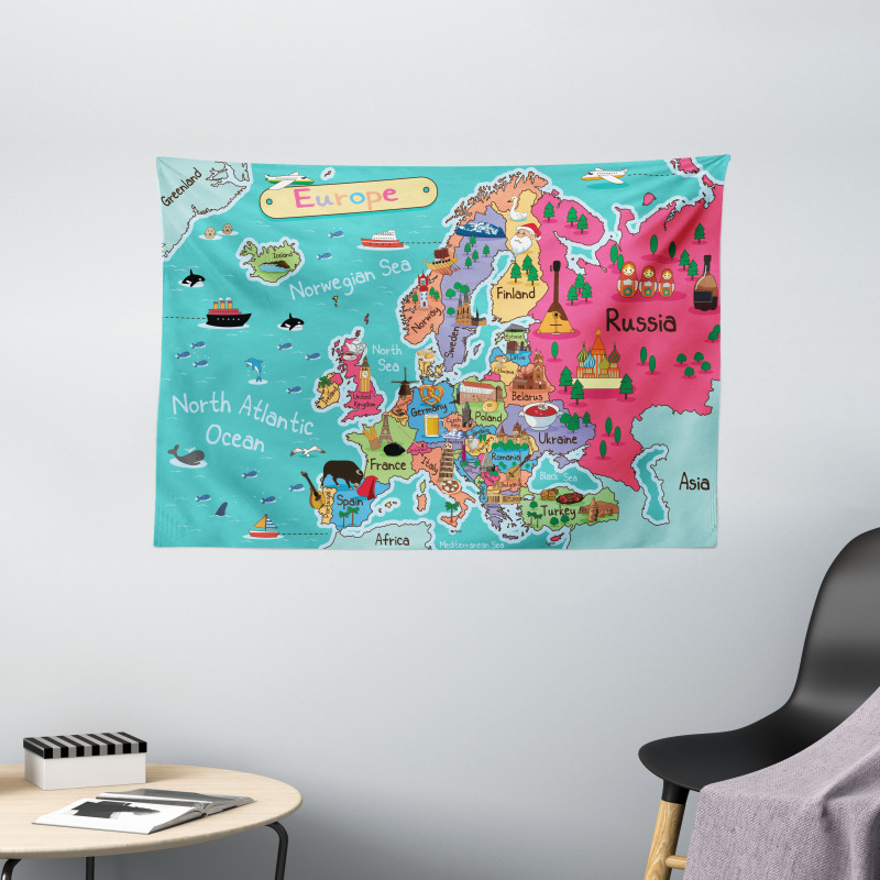 Cartoon Europe Map Landmark Wide Tapestry