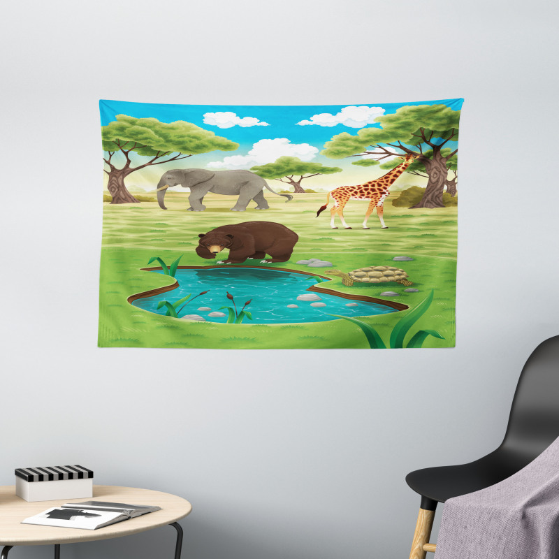 Jungle Bear Giraffe Wide Tapestry