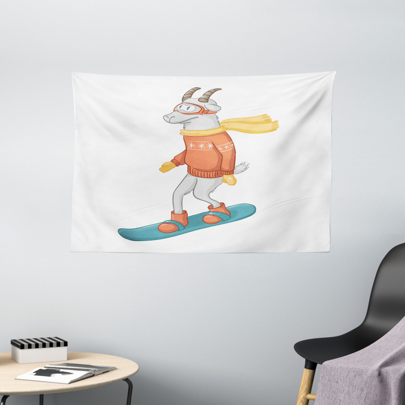 Cartoon Goat Snowboarding Wide Tapestry