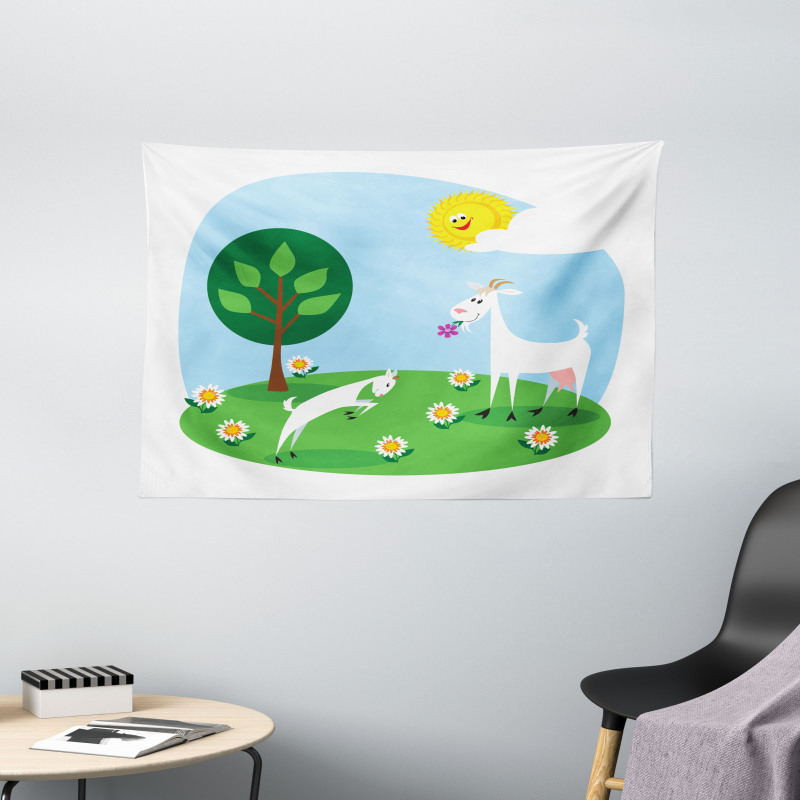 Baby Goat Playing Meadow Wide Tapestry