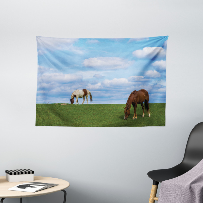 Horses Grazing Meadow Wide Tapestry