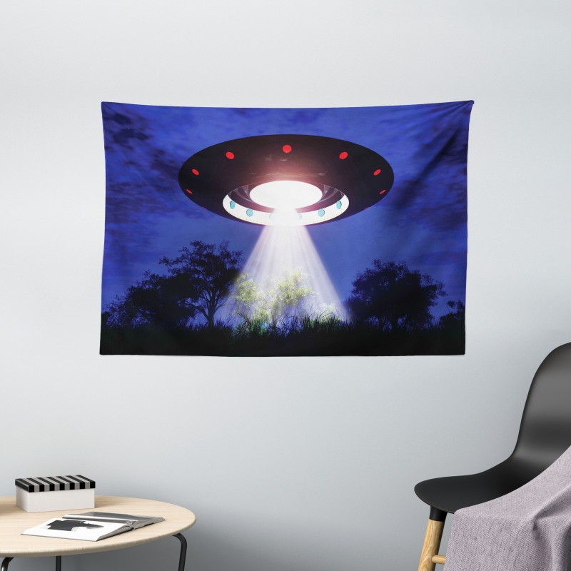 Night Scenery with Aliens Space Wide Tapestry