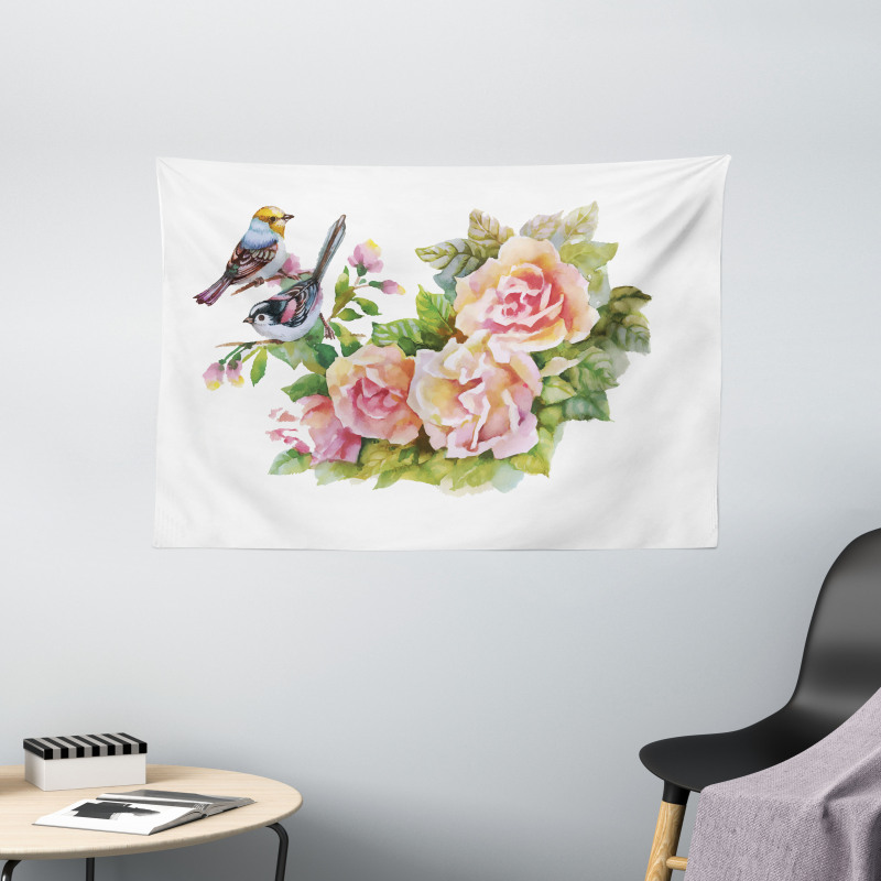 Sparrows on Roses Wide Tapestry