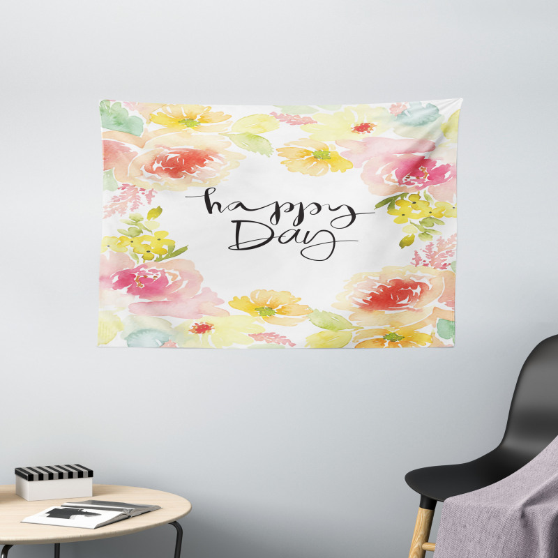 Happy Day Lettering Rose Wide Tapestry