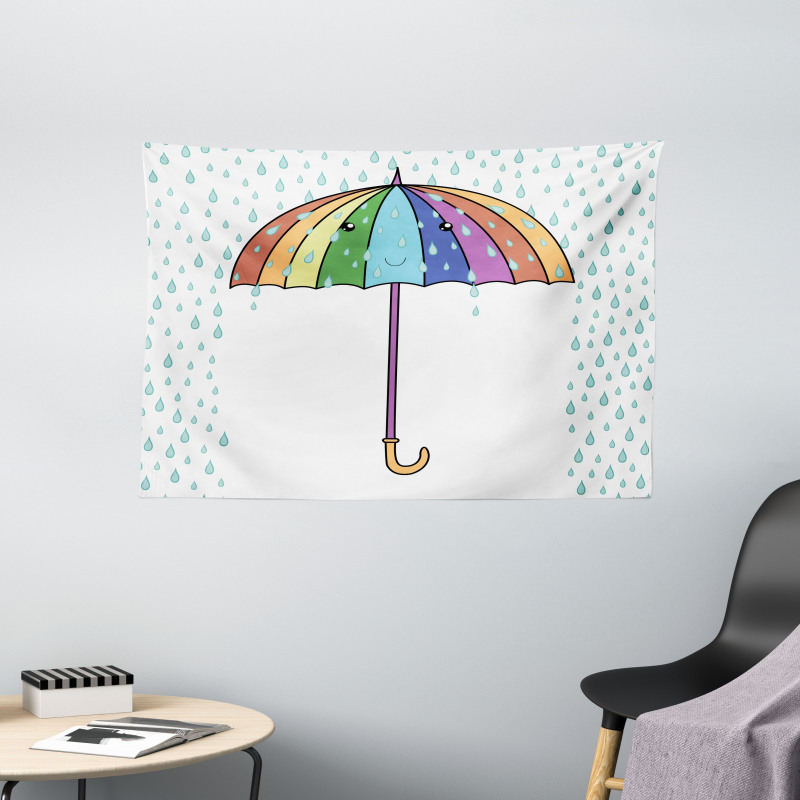 Cartoon Umbrella Rainfall Wide Tapestry