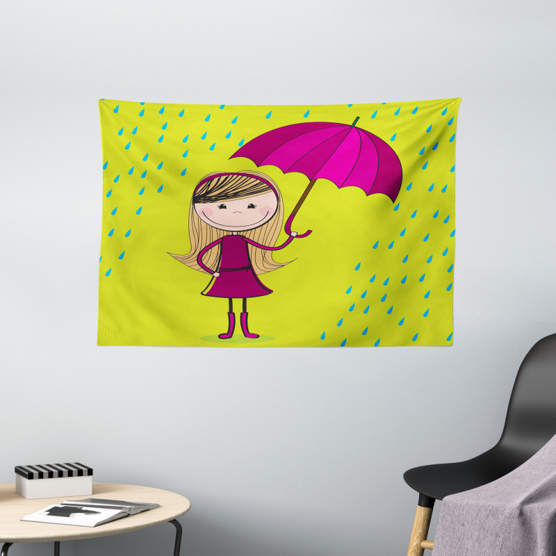 Little Girl Under Raindrop Wide Tapestry