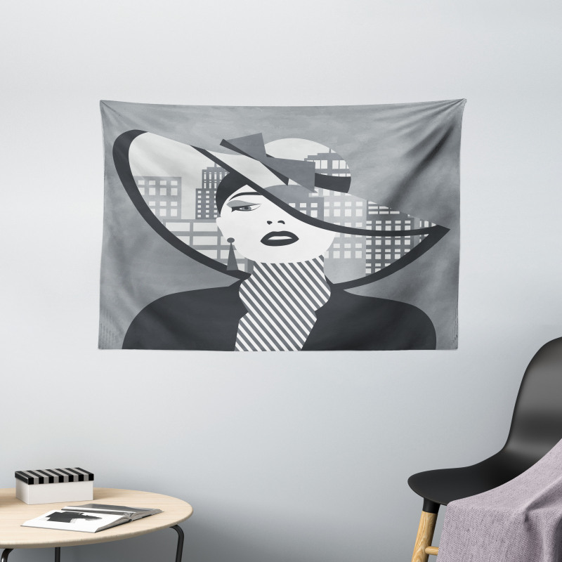 City Silhouette and Lady Art Wide Tapestry