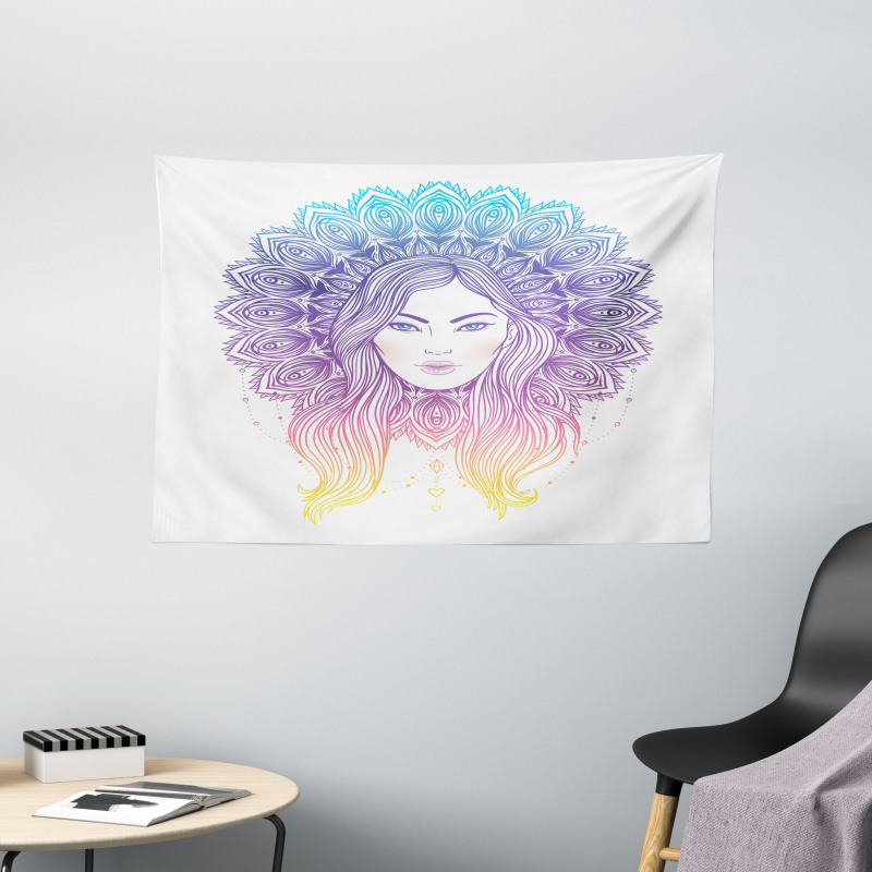 Boho Girl Feather Mandala Wide Tapestry