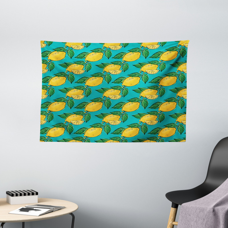 Hand Drawn Style Lemons Wide Tapestry