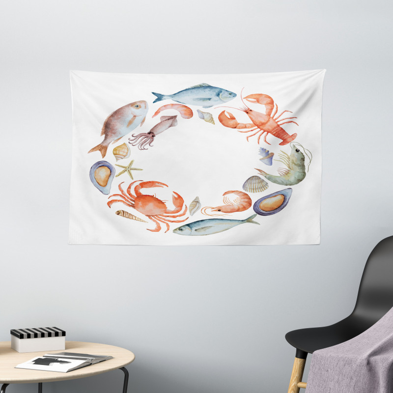 Aquarelle Tasty Seafood Wide Tapestry