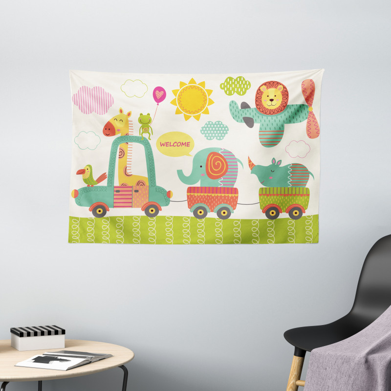 Train with Jungle Animals Wide Tapestry