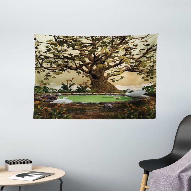 Forest Tree Pond and Swans Wide Tapestry