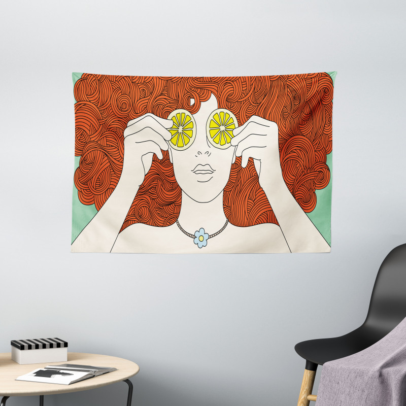 Curly Ginger Hair Girl Lemon Wide Tapestry