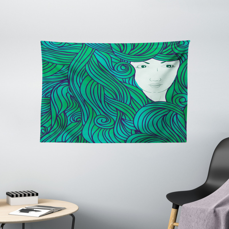 Fantasy Girl Curly Hair Wide Tapestry