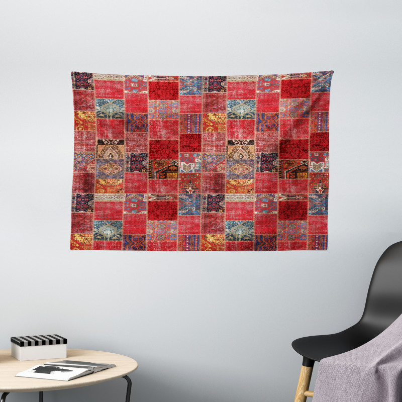 Ethnic Ornamental Squares Wide Tapestry