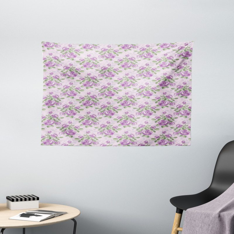 Shabby Rose Blossoms Wide Tapestry