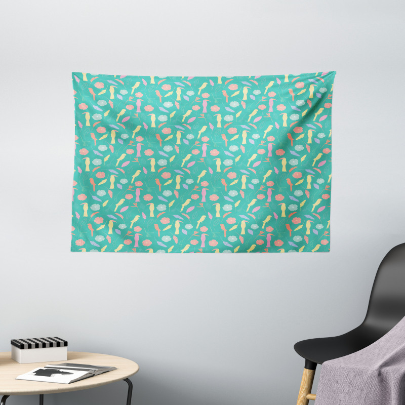 Exotic Birds Flowers Wide Tapestry