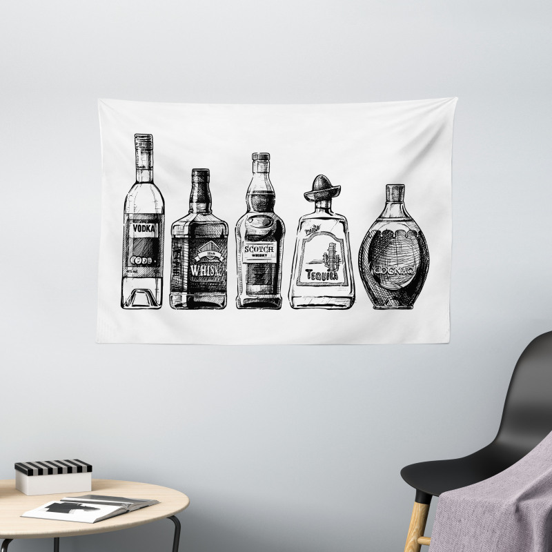 Ink Drawing Beverages Wide Tapestry
