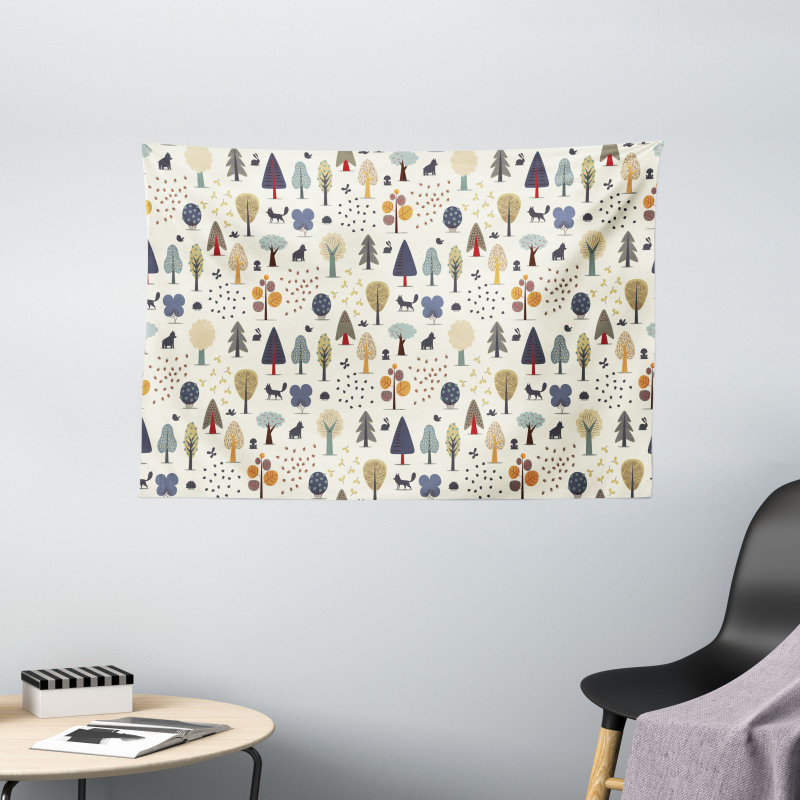 Woodland Trees Animals Wide Tapestry