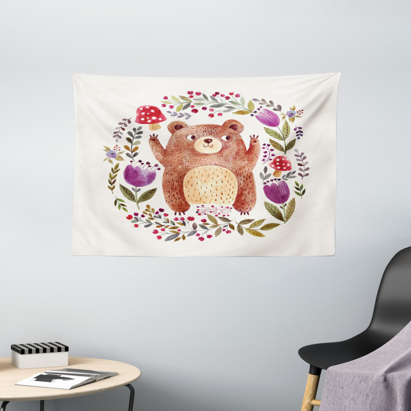 Baby Mammal Floral Wreath Wide Tapestry