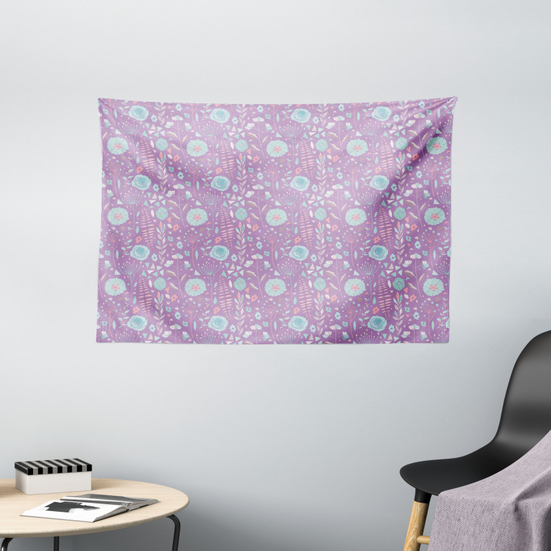 Doodle Flowers Foliage Wide Tapestry