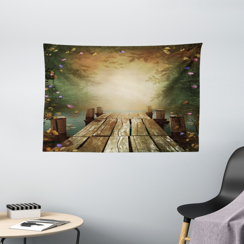 Lake and Blooming Flora Wide Tapestry