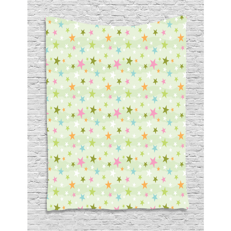 Colorful Stars on Pale Green Tapestry