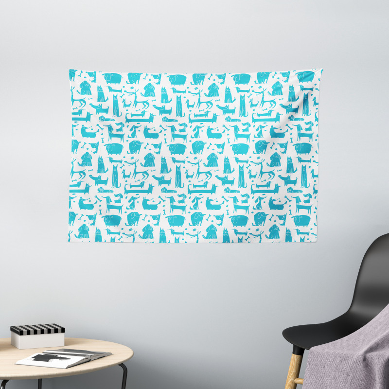 Funny Puppies in Aquatic Tone Wide Tapestry