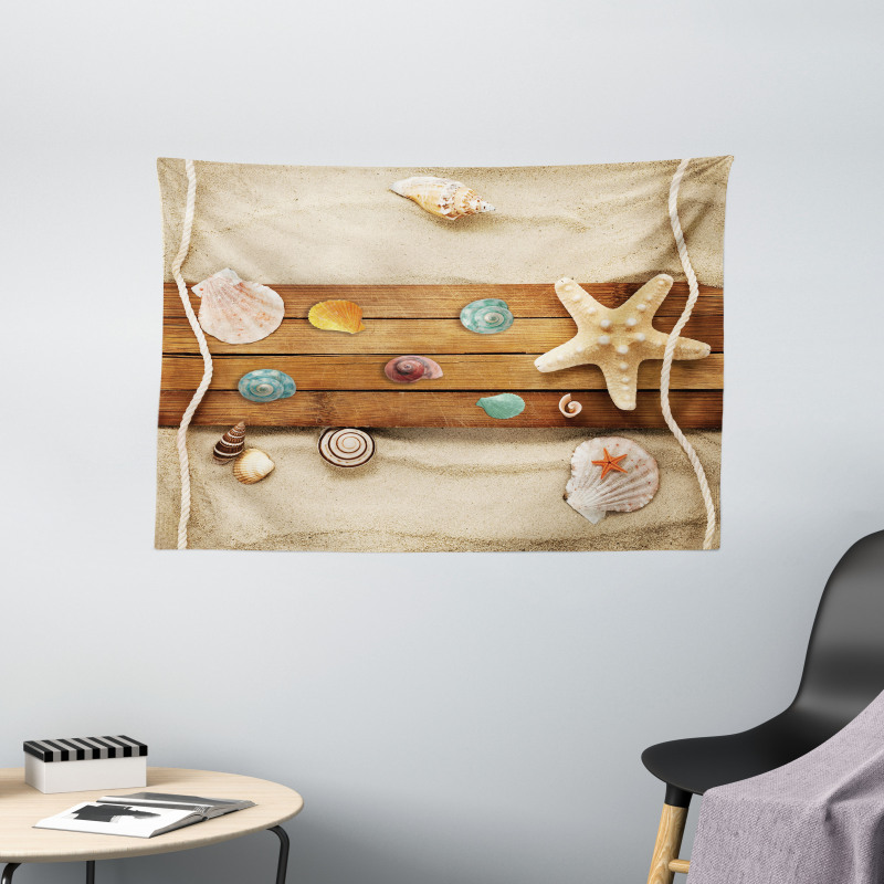 Rustic Board Seashells Wide Tapestry