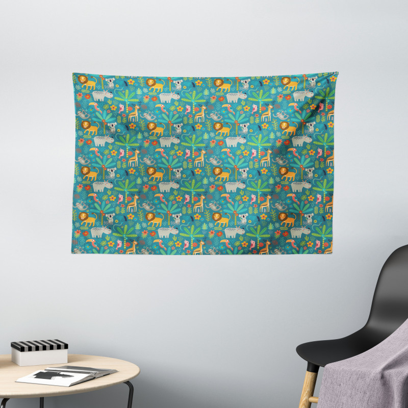 Hippo Parrot Koala and Deer Wide Tapestry