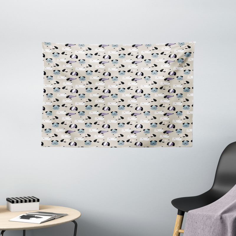 Nursery Cartoon Puppy Faces Wide Tapestry