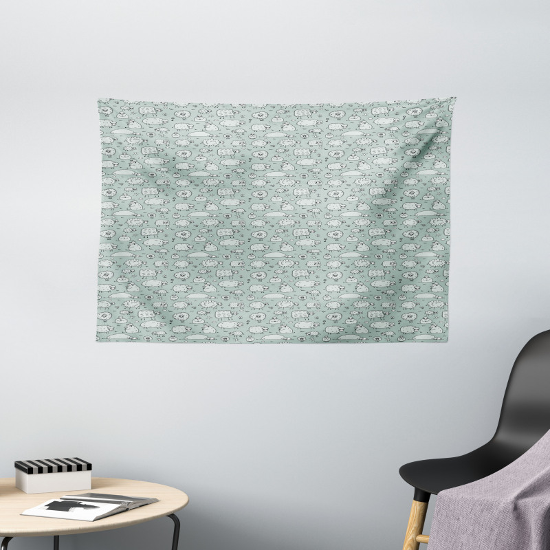 Funny Flock of Sheep Doodle Wide Tapestry