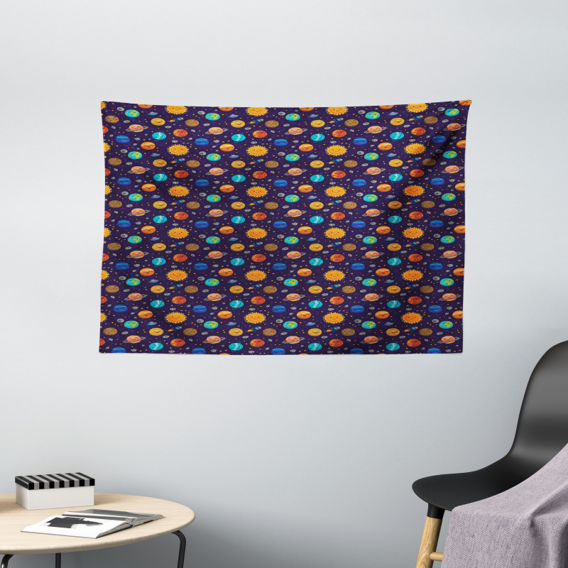 Cheerful Planets and Rockets Wide Tapestry