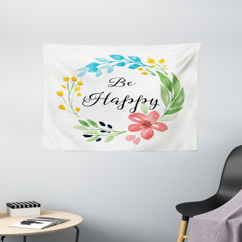 Watercolor Floral Wreath Wide Tapestry