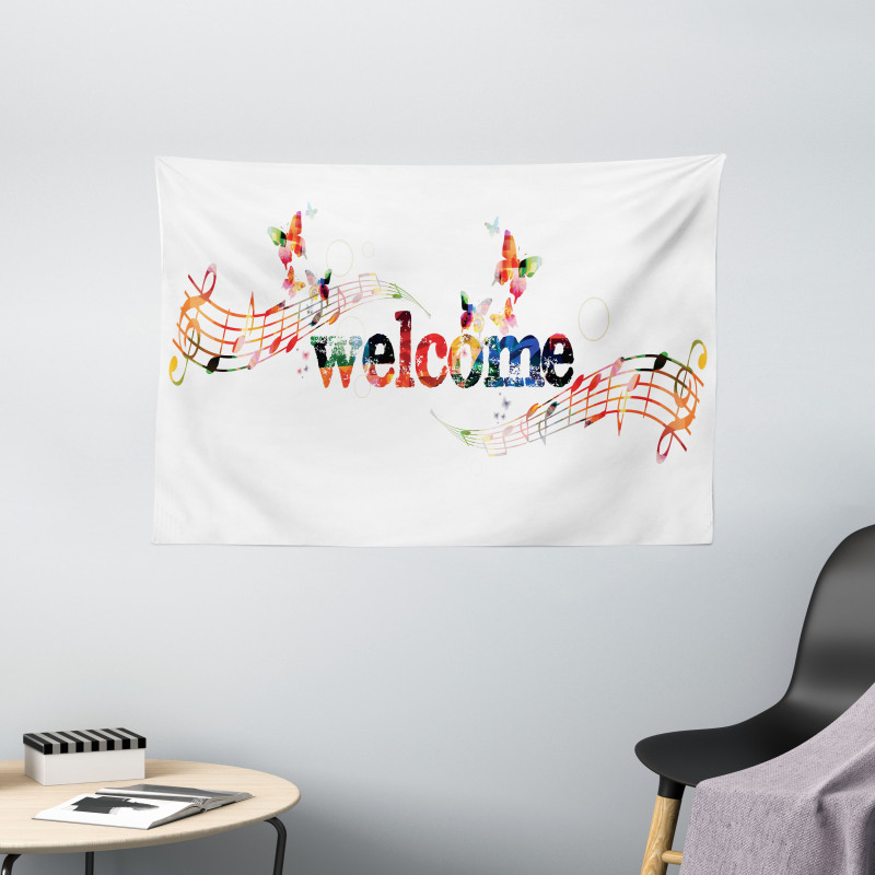 Music Notes and Butterflies Wide Tapestry