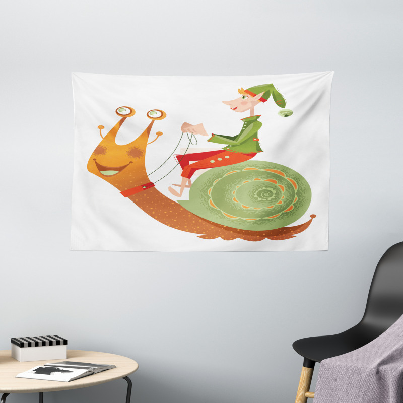 Little Elf Riding a Snail Wide Tapestry