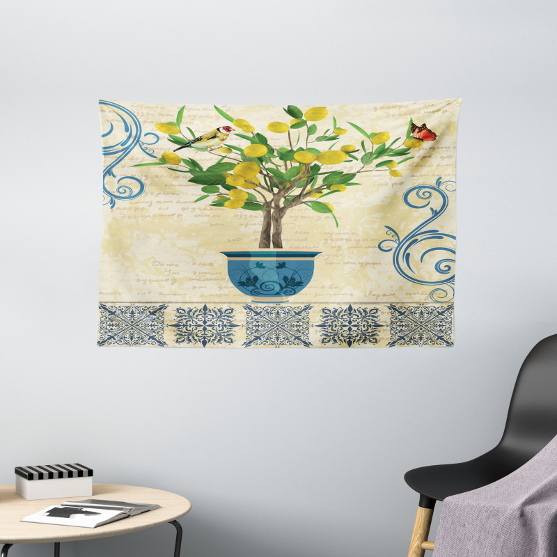 Retro Style Lemon Tree Wide Tapestry