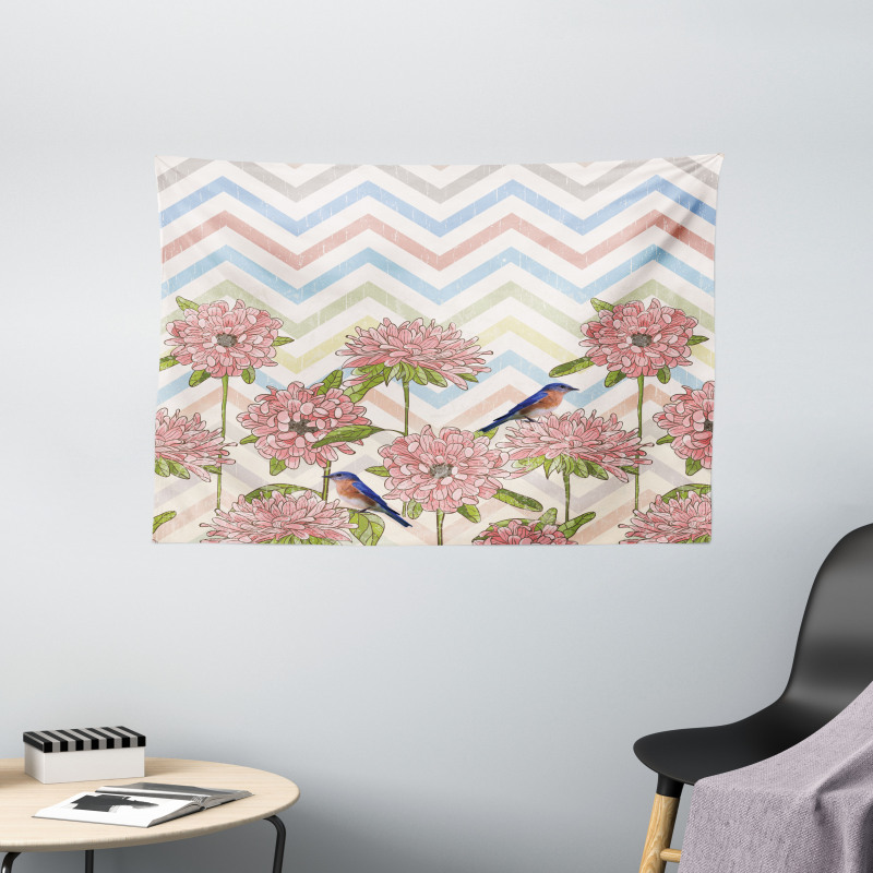 Zigzags Flowers and Birds Wide Tapestry