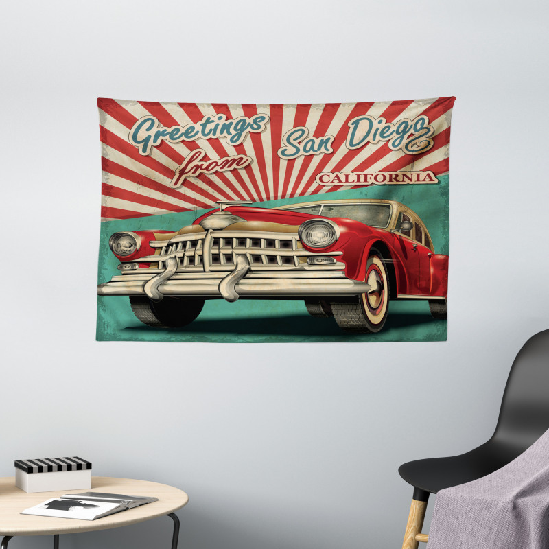 Greetings Words Retro Car Wide Tapestry