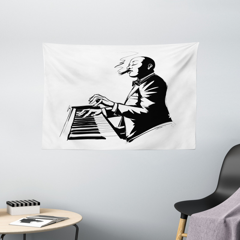 Jazz Pianist Sketch Artwork Wide Tapestry