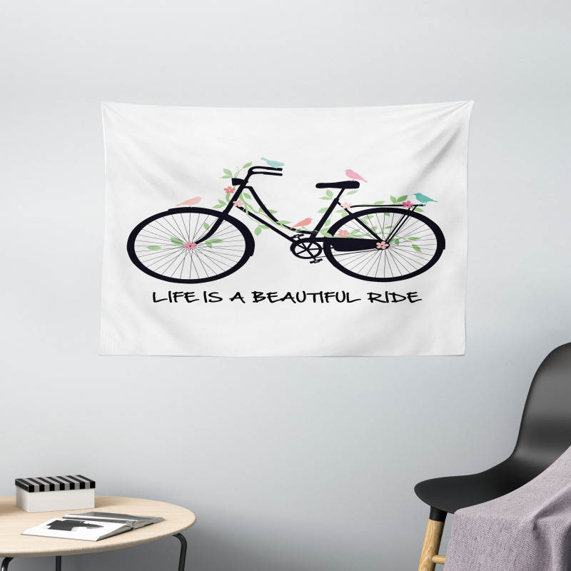 Vintage Bike Flowers Birds Wide Tapestry