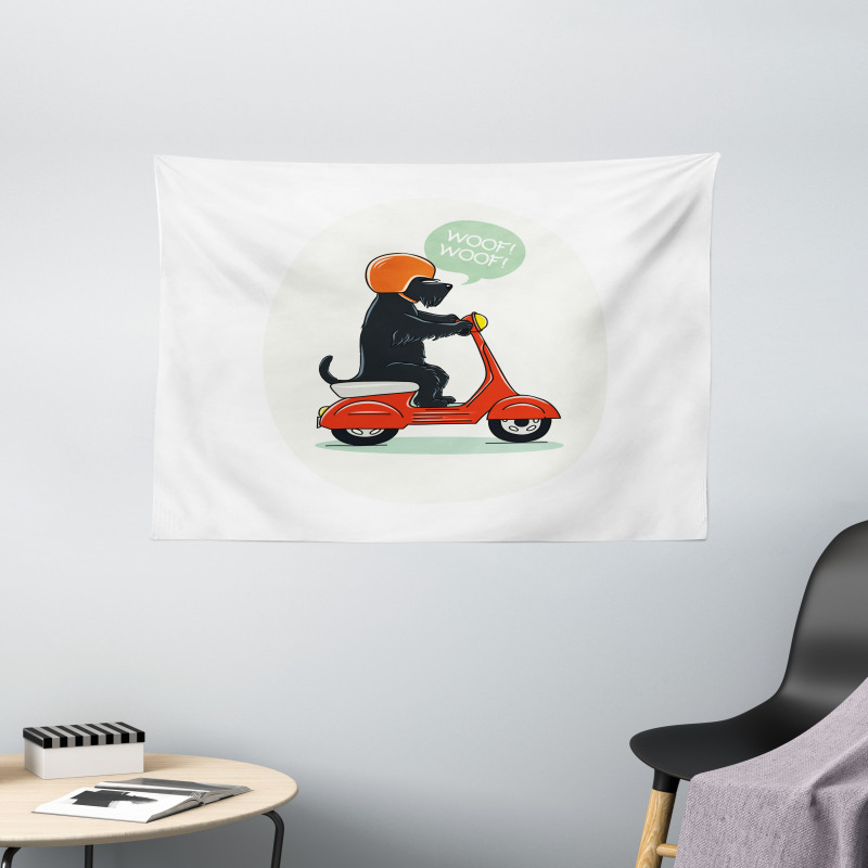 Scooter Ridding Puppies Wide Tapestry