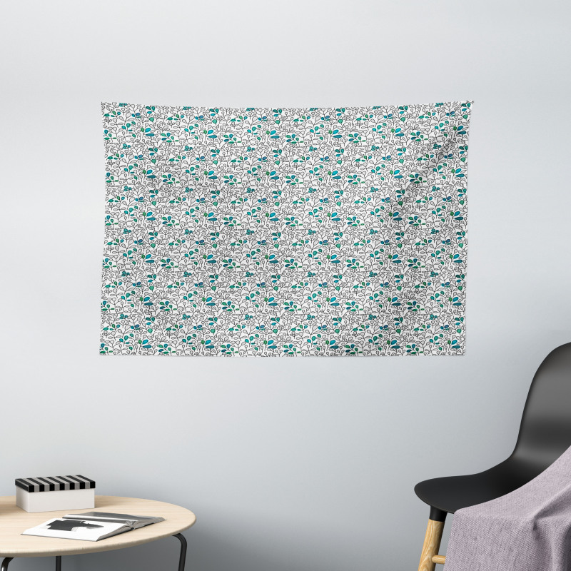 Graphic Doodle Leaves Blue Wide Tapestry