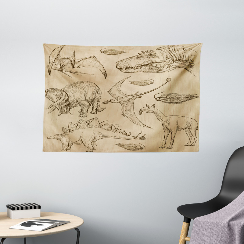 Vintage Sketch Animals Wide Tapestry