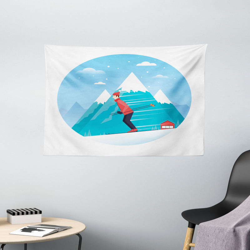 Man Skiing on a Snowy Hill Wide Tapestry